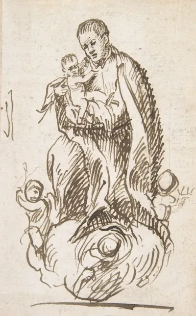 Male Saint Standing On Clouds Supported By Putti Holding Infant Christ 2