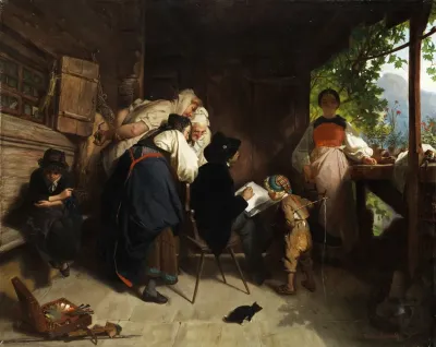Maler Beim Portraitieren Eines Bauernmadchens