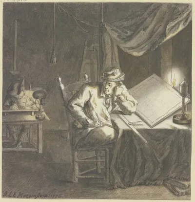 Maler Und Geselle Im Atelier Bei Lampenlicht An Ihren Zeichentischen Arbeitend