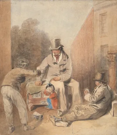Man And Children With A Street Organ And A Monkey