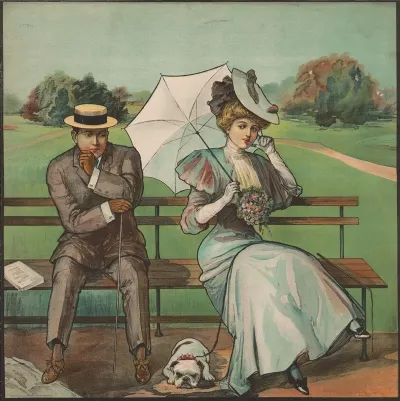 Man And Woman On Park Bench With English Bulldog