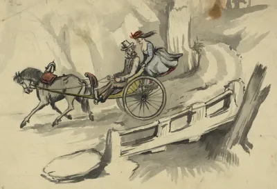 Man And Woman Riding In Horse Drawn Cart