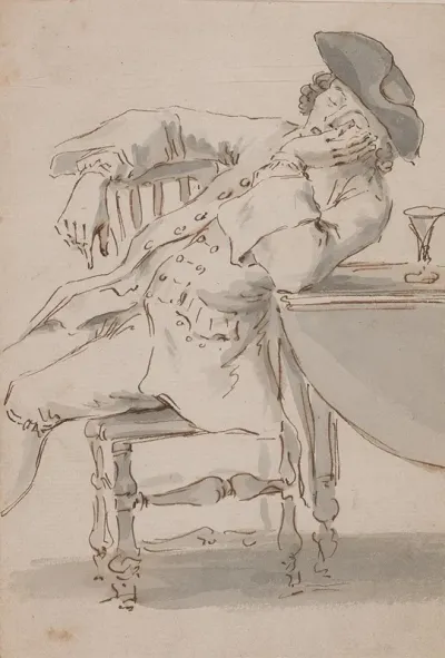Man Asleep Leaning Against A Table