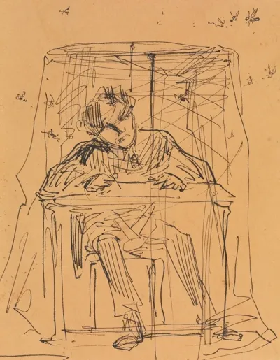 Man At Table Beneath Mosquito Net From Sketchbook