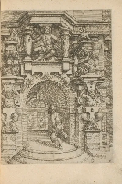 Man At The Portal Of A Wine Cellar Decorated With Satyrs Sheep Polyphemus And A Man With A Pan Flute