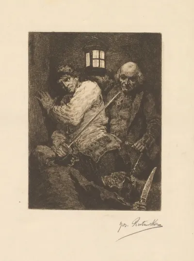 Man Defends Himself With A Sword Against A Man With Lantern And Dog