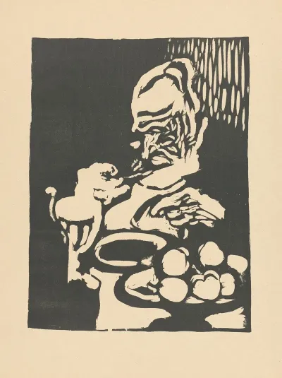 Man Eating At Table With Glass And Bowl Of Fruit