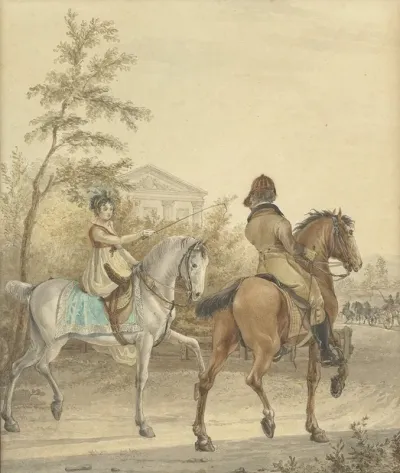 Man En Een Vrouw Te Paard Op Een Landweg