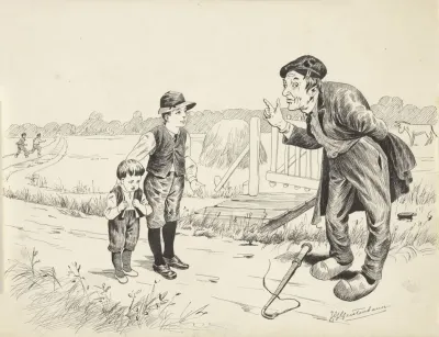 Man Gebarend Naar Twee Jongens In Een Landschap