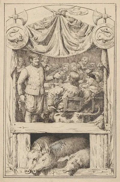 Man Greets Wealthy Man At Dinner Party Three Pigs Are Seen At The Bottom