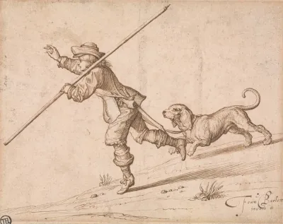 Man Hunting With A Pointed Staff And A Hound