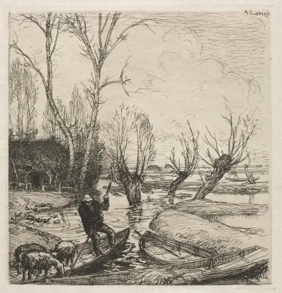 Man In A Boat With Three Sheep