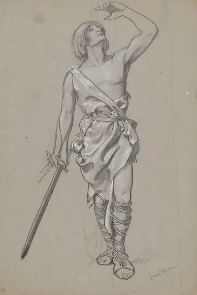 Man In A Robe With Uncovered Torso Hunting Horn By His Side And A Sword In His Right