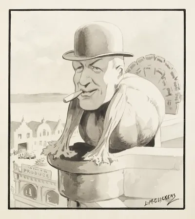 Man In Bowler Hat And Cigar Depicted As A Turkey Stares Out Over A Parapet