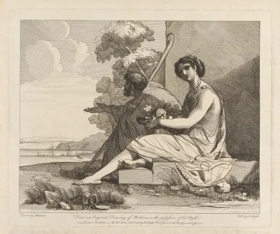 Man In Cloak And Woman With Fruit Seated Overlooking A Bay