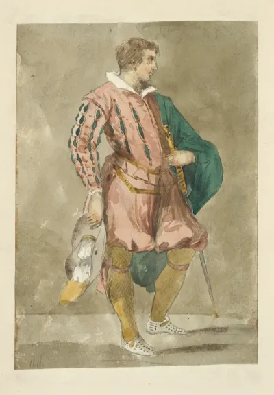 Man In Doublet Breeches Tights With Mantle Sword And Hat