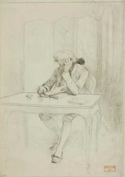 Man In Eighteenth Century Dress Seated At Table And Reading