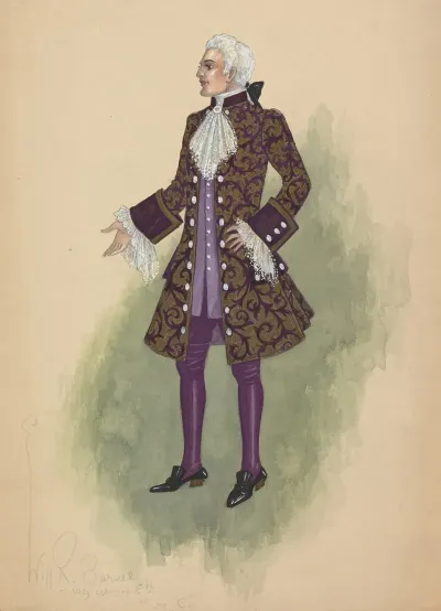 Man In Gold And Purple Brocade Justacorps Waistcoat And Breeches