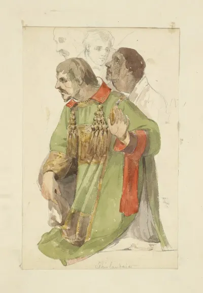 Man In Green Tunic With Tassels About The Neck Line Three Figures In Background Ghirlandaio