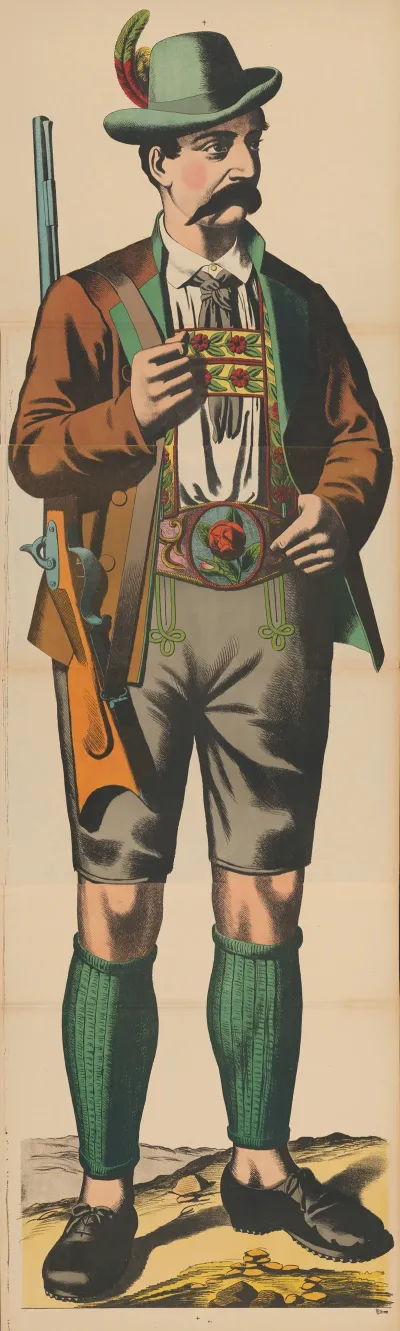 Man In Lederhosen And Tyrolean Hat Holding A Rifle Over His Shoulder