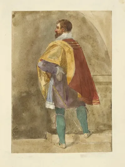 Man In Maroon Cape With Gold Lining Purple Tunic And Green Tights