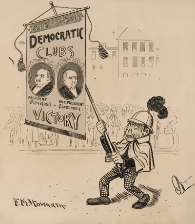 Man In Parade Carrying Banner Which Reads Andy Jackson Democratic Clubs Victory