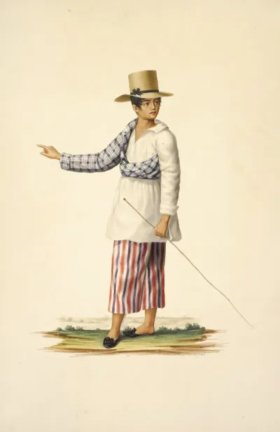 Man In Red White And Blue Attire Wearing Brimmed Tan Hat And Carrying Stick