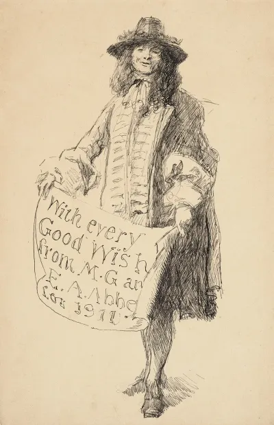 Man In Seventeenth Century Dress Holding A Scroll With Every Good Wish From M G And E A Abbey For 1911