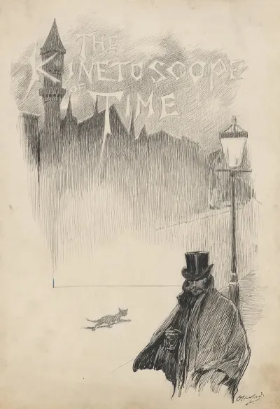 Man In Top Hat Under Lamppost With Townscape In Background