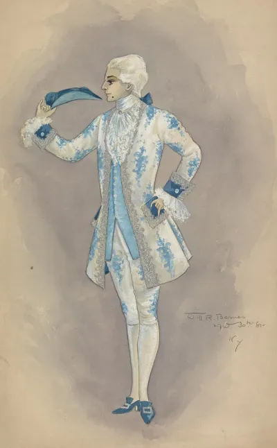 Man In White And Light Blue Floral Justacorps And Breeches With Light Blue Waistcoat