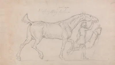 Man Leading A Trotting Stallion To Right