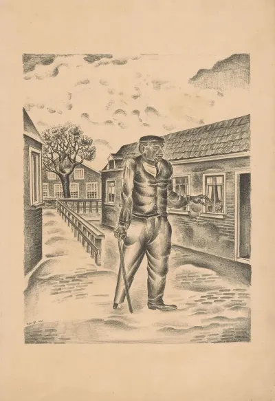 Man Met Houten Been En Stok In Een Dorpsstraat