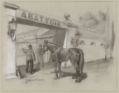 Man Met Paard Voor De Ingang Van Het Abattoir