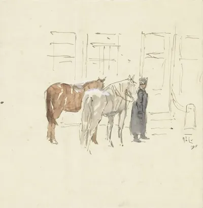 Man Met Twee Paarden Voor Een Gebouw