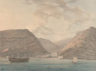 Man Of War Moored In Harbor Mountains In The Background