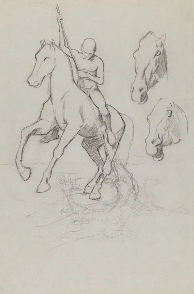Man On A Horse Slaying A Dragon Two Studies Of Horses Heads
