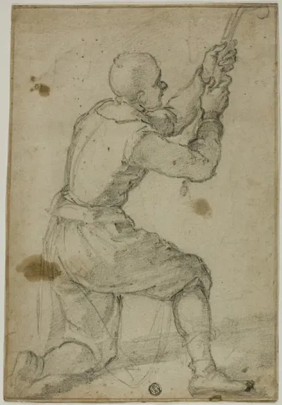 Man On Bended Knee Pulling On Rope
