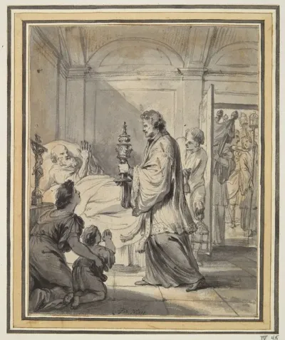 Man On His Deathbed With Priest And Others