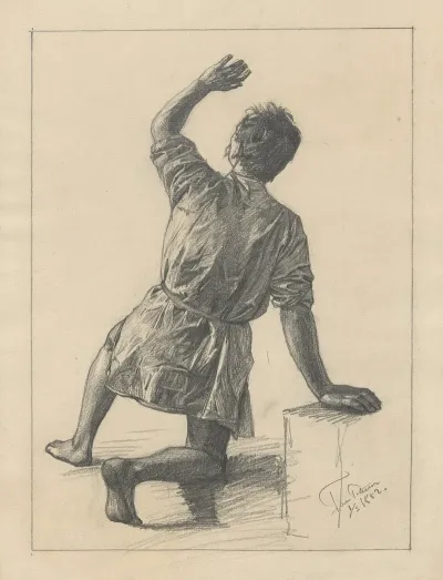 Man On His Knees Holds His Hand Up