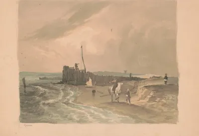 Man On Horseback Talking With A Man Carrying An Oystering Shovel On The Shore Of The Delaware River