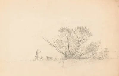 Man Playing Fetch With A Dog Near A Cluster Of Trees Ship Rigging Under Full Sail Visible On The Right