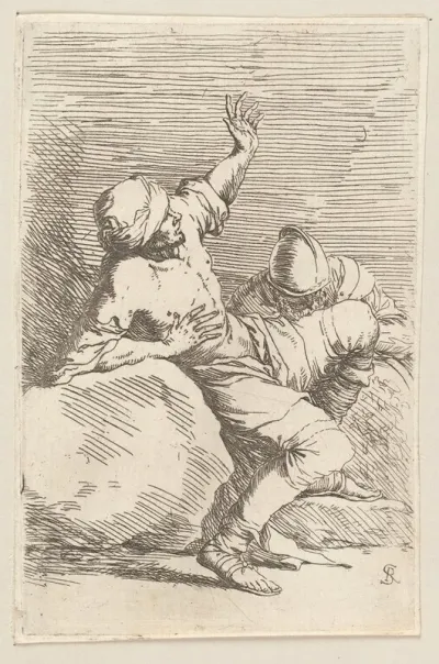 Man Pointing Upward And Soldier In Repose