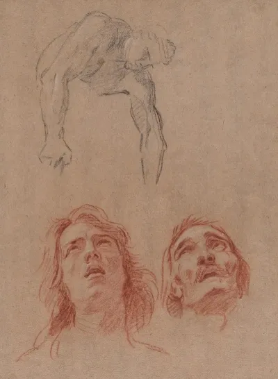 Man Reaching Down And Two Studies Of Heads Recto