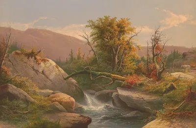 Man Reclining With Rifle Looking At Rushing Water