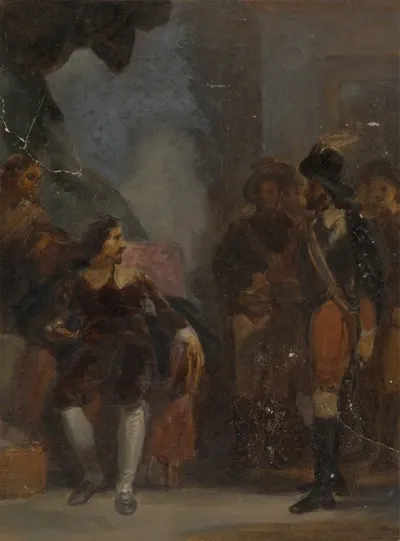 Man Seated While Speaking To A Soldier Who Is Standing