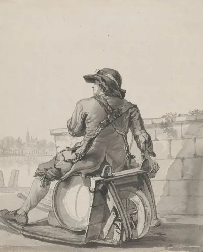 Man Sitting On A Cask On A Wheelbarrow