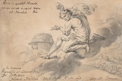 Man Sitting On A Cloud Above A Battlefield Pointing To A Globe