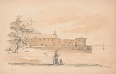 Man Sketching On A Wharf With A Dog Seated Next To Him