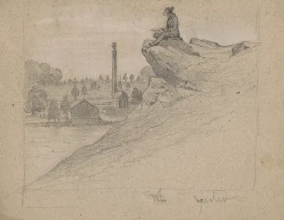 Man Sketching On Rock Perhaps Queen Monument And Circular Building Beyond