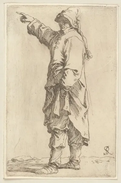 Man Standing With Arm Raised Pointing Toward The Left